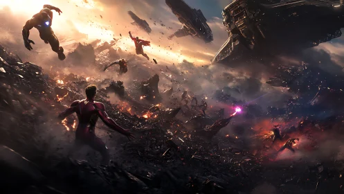 Armored heroes clash over burning alien battlefield at dusk