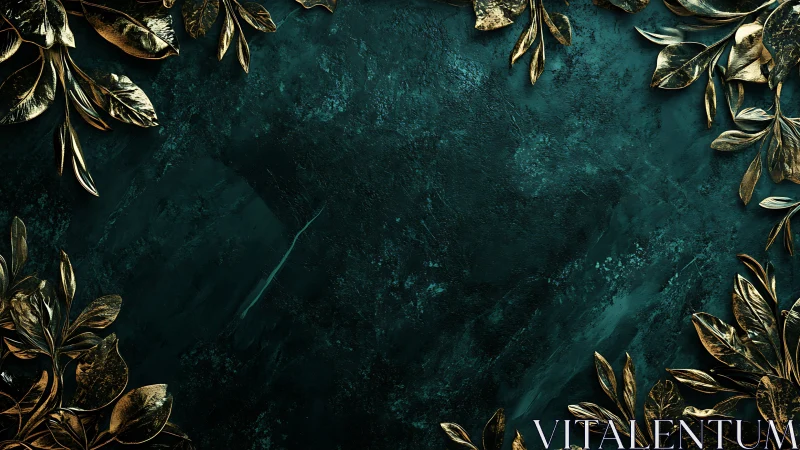 Metallic gold foliage frame on textured teal stone background