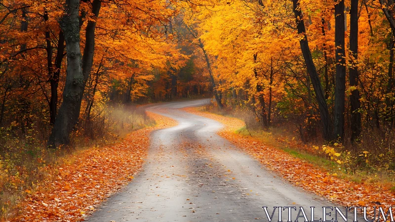 Curving forest road winds through glowing autumn foliage.