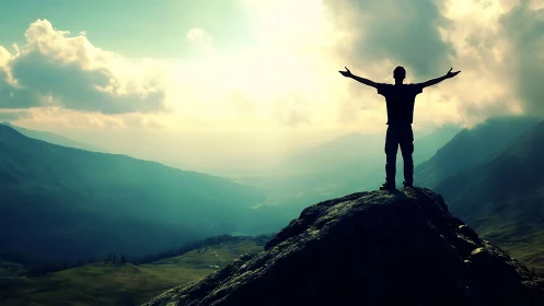 Silhouette on mountain ridge against bright valley sky.