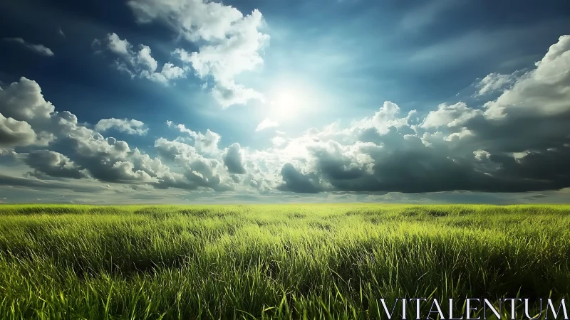 Sunlit prairie whispering beneath rolling stormbright clouds.