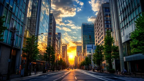 Sunlit glass corridor in vibrant urban financial district.