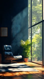 Sunlit reading nook with leather lounge chair and greenery.
