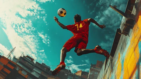 Photorealistic urban football jump under dramatic teal sky.