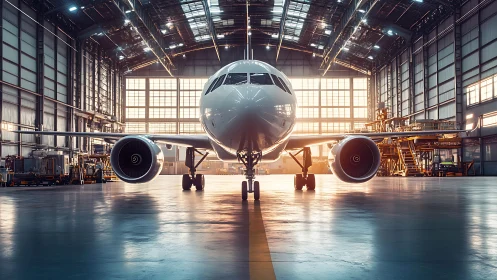 Sunlit jet patiently resting inside a quiet airport hangar.