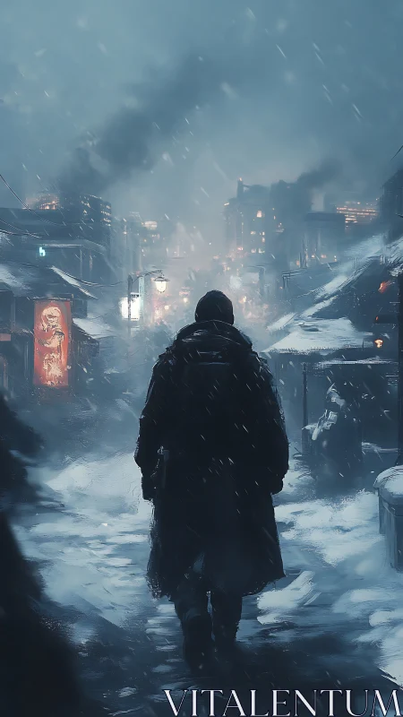 Solitary figure in snow-covered dystopian city street scene.