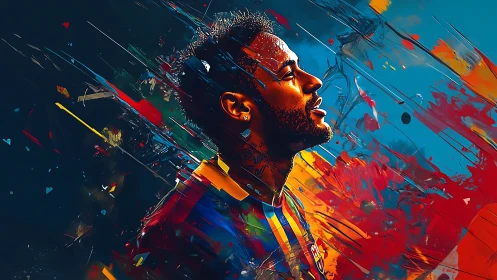 Dynamic digital portrait of soccer player with explosive color field