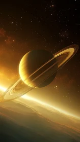 Radiant ringed planet over luminous golden horizon.