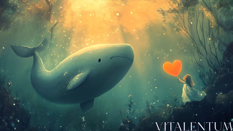 Gentle whale and brave girl sharing a glowing heart moment.