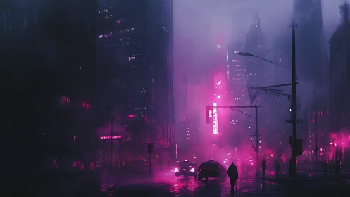 Foggy neon city street with silhouettes and car traffic.
