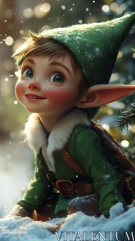 Smiling winter elf child glowing with cozy holiday wonder.