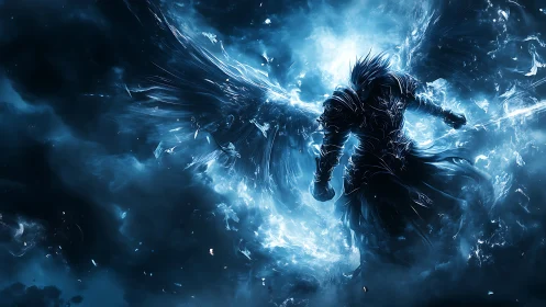Midnight winged warrior rising through swirling blue light.