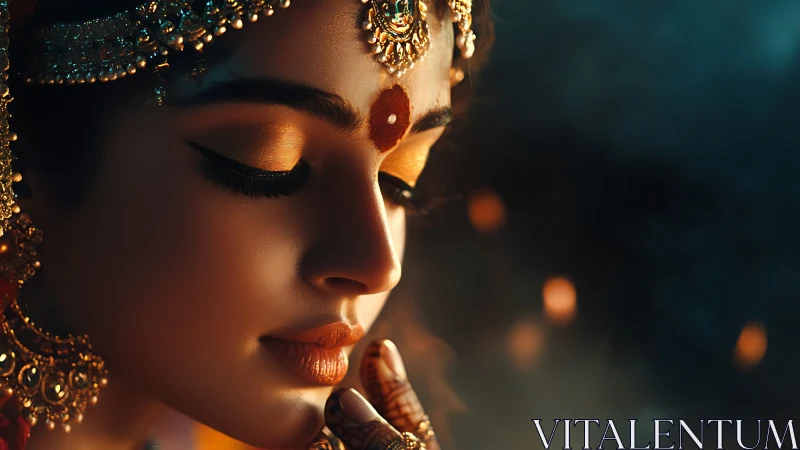 Golden-lit portrait of serene woman in ornate jewelry adornment.