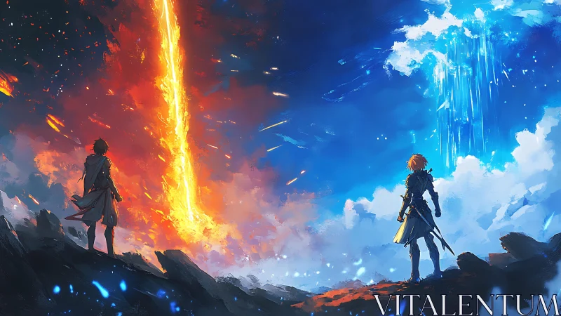 Opposed warriors confront vertical fire and water energy rifts