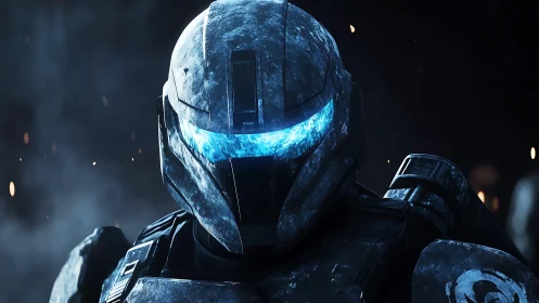 Armored sci fi soldier with illuminated blue visor front view.