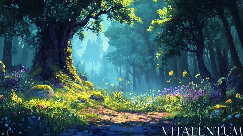 Enchanted Forest Clearing with Bioluminescent Flora and Ancient Arboreal Canopy