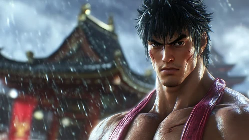 Battle hardened martial artist stands in rain soaked temple courtyard