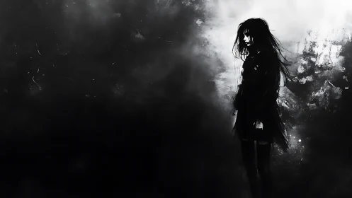 Monochrome digital painting of solitary figure in foggy void.