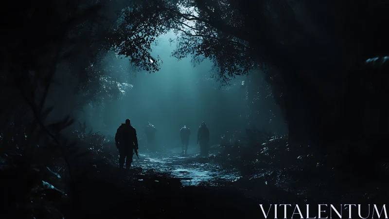 Night explorers walking through a misty forest tunnel.