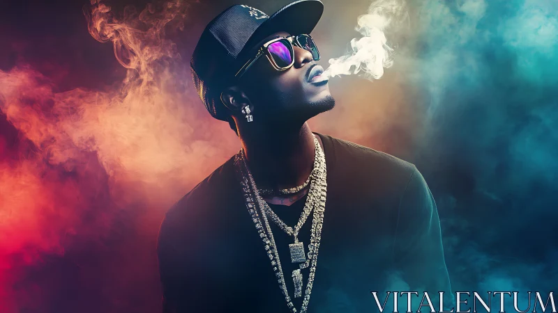 Hip-hop portrait with neon smoke, reflective shades, heavy chains.