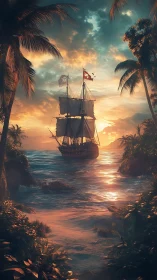 Pirate galleon sails tropical cove under vivid sunset sky