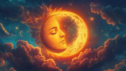 Radiant lunar face glows within swirling cosmic clouds