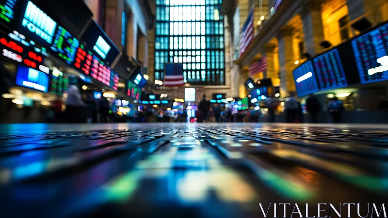 Low-angle stock exchange trading floor with LED ticker bokeh