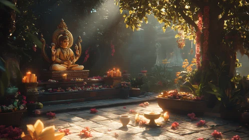 Sunlit Hindu shrine courtyard with Lakshmi statue and offerings