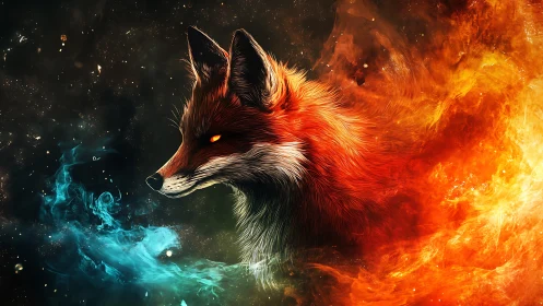 Fox head rendered between blue smoke and orange fire