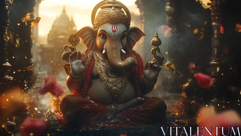 Golden Ganesha in rose-laced temple haze of blessings.