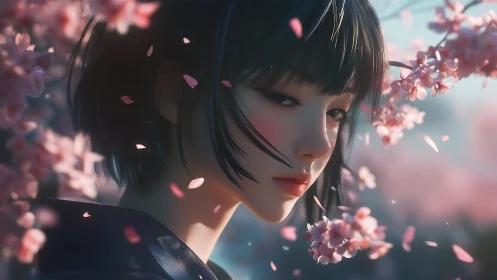 Melancholic girl gazes through drifting cherry blossoms softly