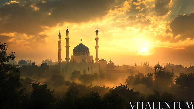 Golden sunrise over misty mosque skyline at dawn.