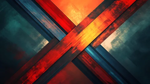 Bold abstract intersecting lines in vibrant red and teal hues.
