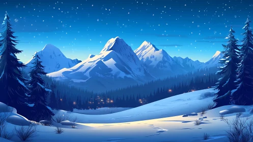 Snow-covered conifer valley lies before distant mountain range