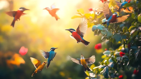Colorful birds in flight with sunlight and flowers, dreamy nature scene.
