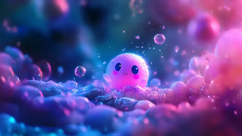 Glowing pink blob character in soft neon bubble world.