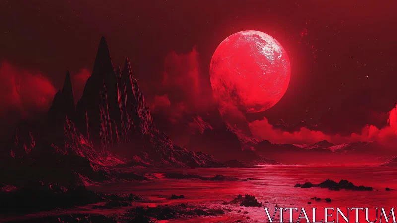 Crimson alien coastline glows beneath looming red moon