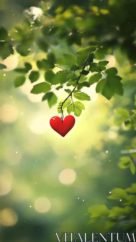 A Single Red Heart Hangs Gently from Green Branches