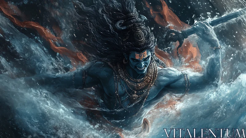 Storm-kissed warrior god rises fiercely from the raging sea