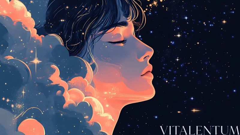 Stargazer wrapped in cosmic clouds of twilight reverie.