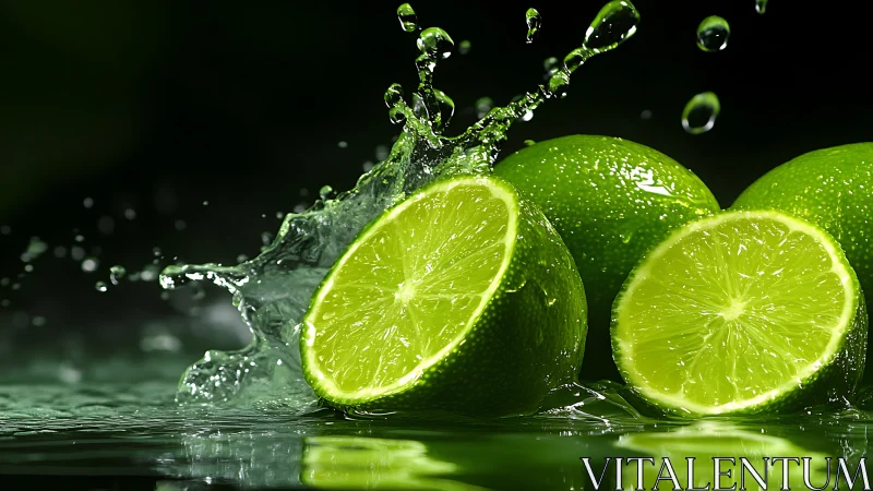 Sliced limes burst in vivid green splashes of refreshing water
