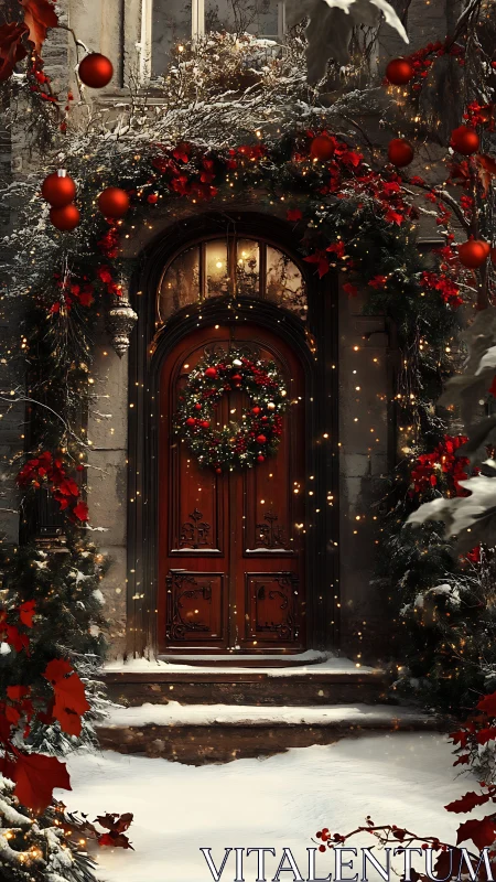 Snow-covered manor doorway glowing with festive garlands.