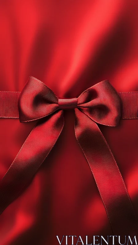 Elegant red satin ribbon bow rests on glowing festive fabric