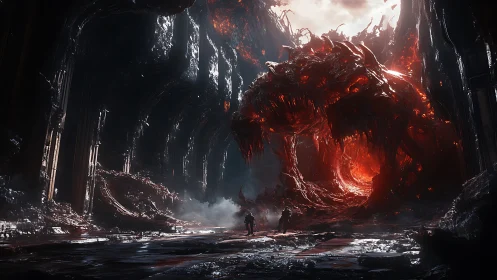 Volcanic biomech leviathan confronting explorers in abyssal vault.