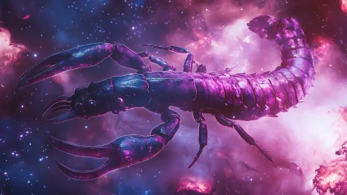 Cosmic purple scorpion drifting through glowing nebula.