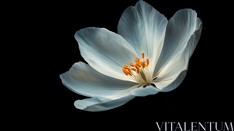 White flower macro on black background with yellow stamens.