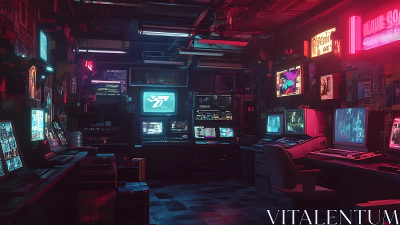 Neon screens whisper secrets in a cluttered cyber den