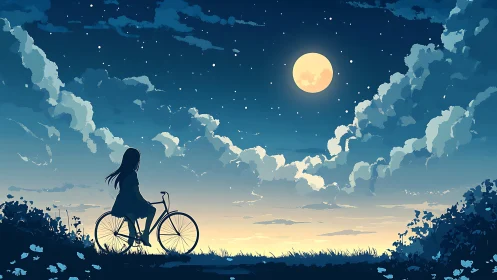 Moonlit cyclist drifts beneath storybook twilight sky.