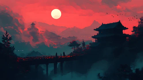 Red dusk over mountains with traditional pagoda and bridge.