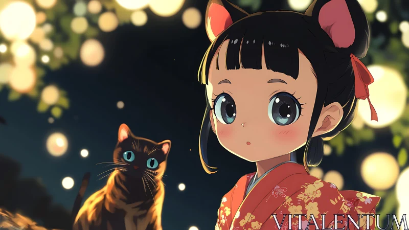 Child in kimono and cat stand before defocused evening lights